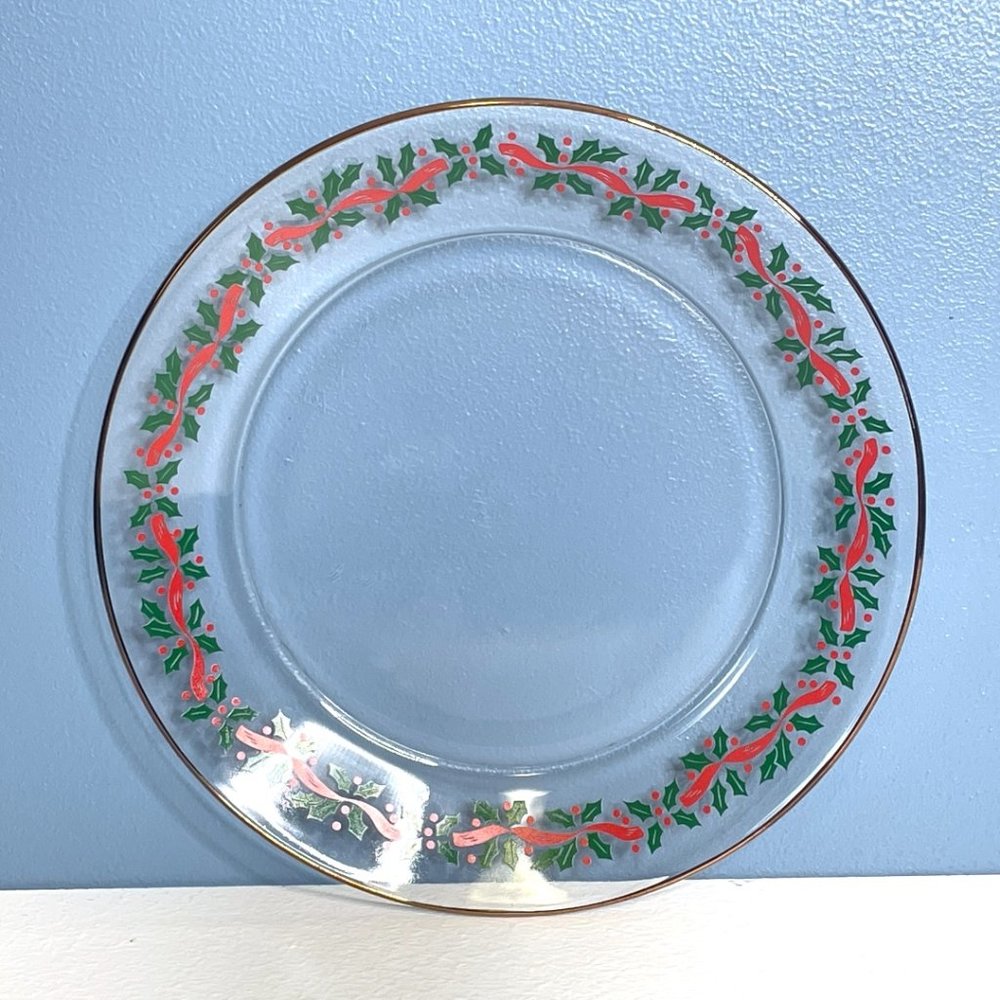 Arcoroc 8" Salad Plate Clear Holly & Berries w/Ribbon Gold Rim
